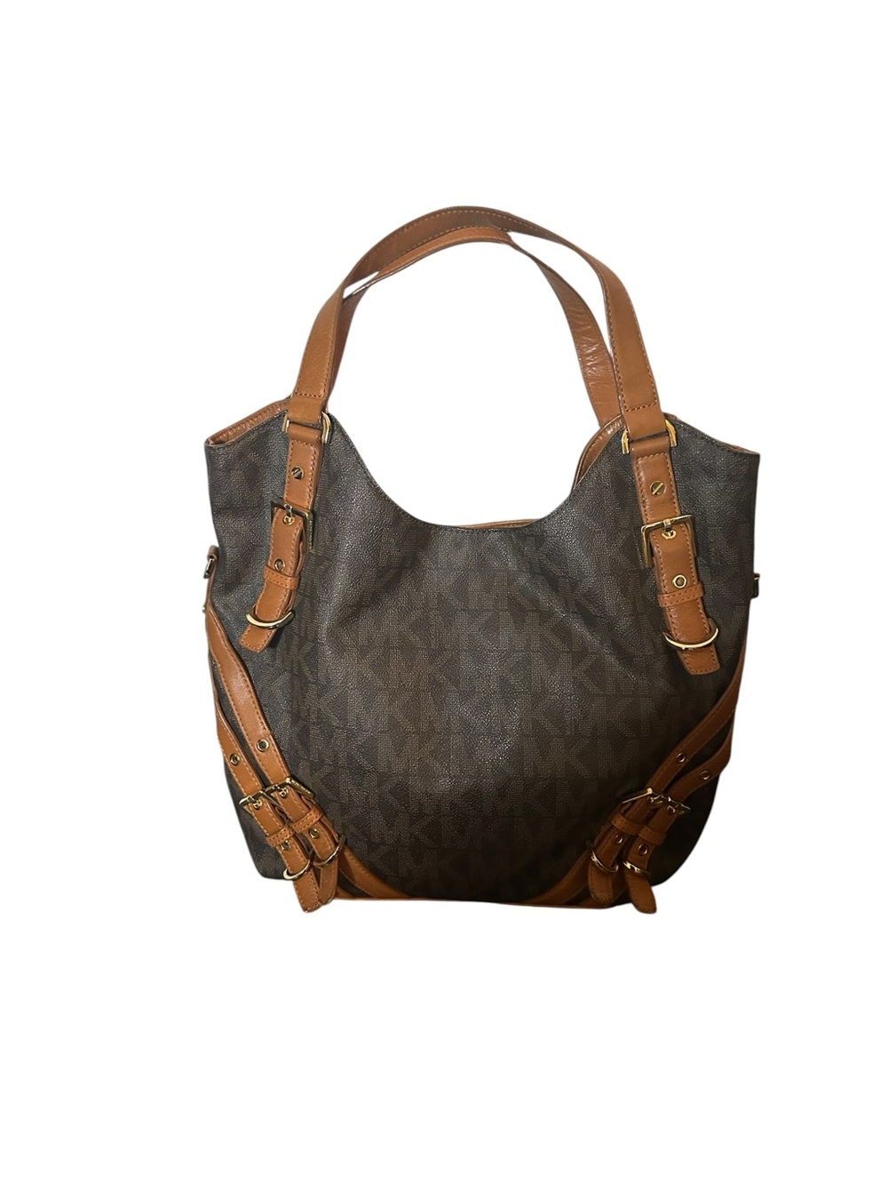 Michael Kors Milo Large Monogram Tote Bag Brown Leather Shoulder Purse MK Logo - Picture 4 of 9